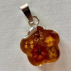 Amber Color Resin Dried Floral Flower Silver Tone Pendant
